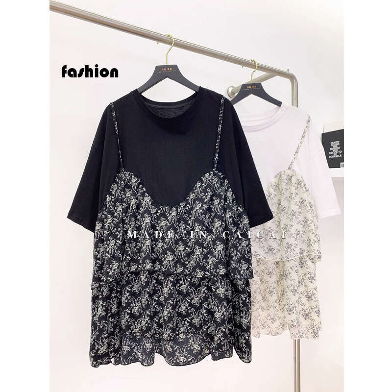 Floral Patchwork Fake Two-Piece Top Plus Size Fashion Short Sleeve Dress Women's Youthful Slimming Korean Style T-Shirt B5 h7