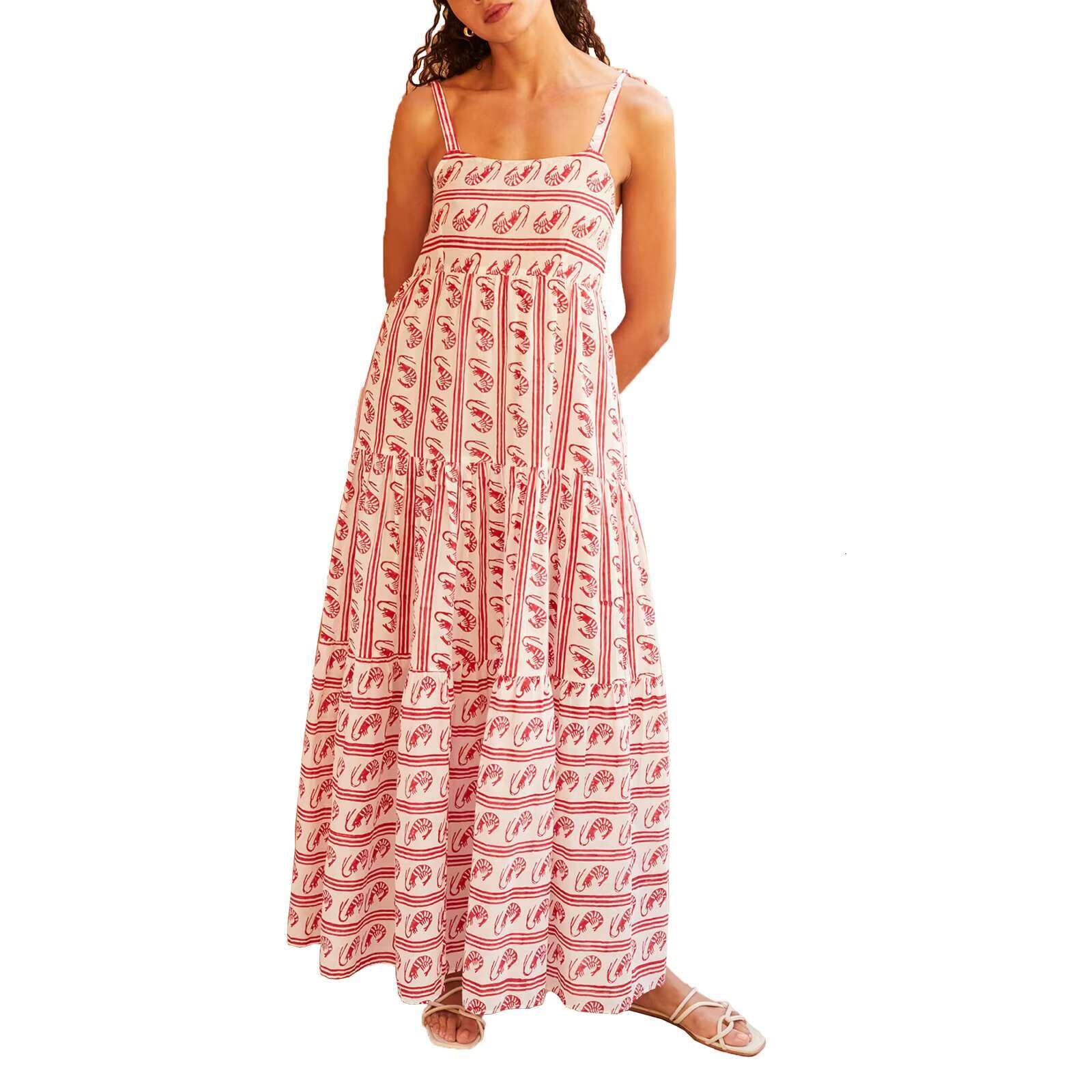 Womens Maxi Summer Casual Sleeveless Open Back Low Cut Flowy Stripe Shrimp Print Dresses 90s Vintage Long Cami Dress dongdumaoyi
