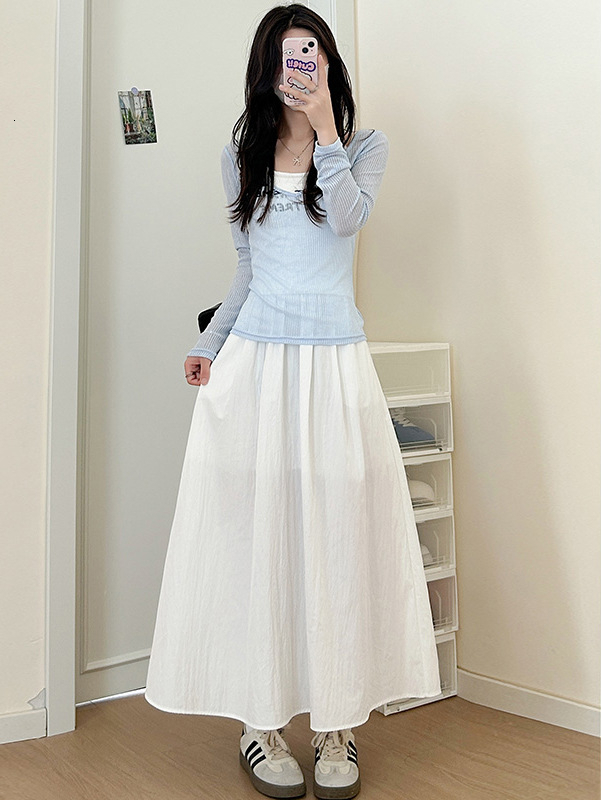 2025 New women's skirt, new summer high waisted A-line slim fit pleated umbrella pleated long skirt, new solid color minimalist style designer sk