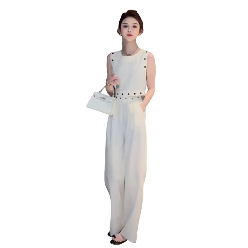 White Casual Fashion Sleeveless Set for Women Summer High-End Vest Top Wide-Leg Pants Two-Piece Set 241127
