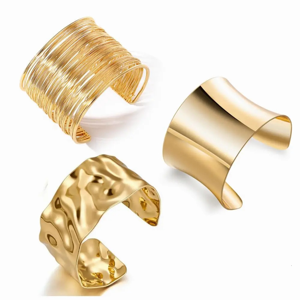 3PCS Chunky Gold Color for Women Irregular Minimalist Bracelets Set Open Wide Bangle Arm Cuff Jewelry designer bracelet women luxury jewelry gold mens - view 4