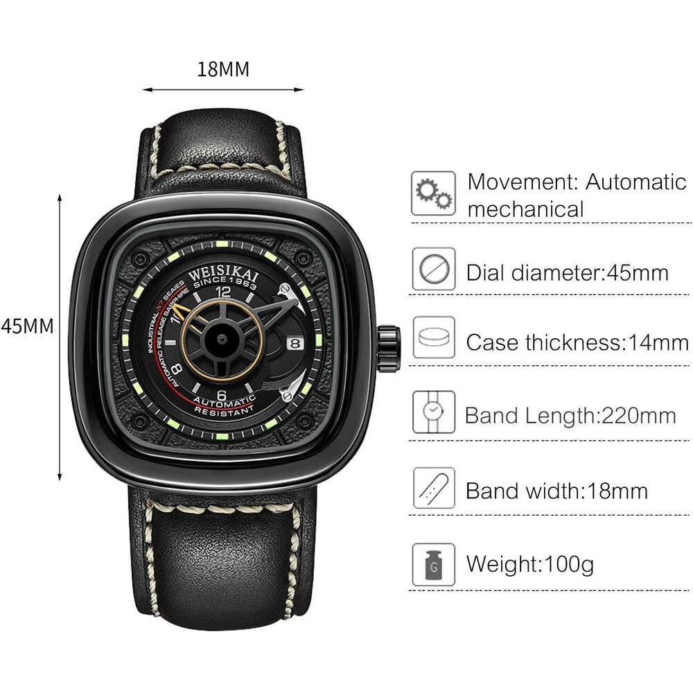 DHgargets Explorer Series Men's Square Watch - Automatic Mechanical, Luminous, Date, Waterproof 30M, Leather Strap, Sporty Men's Wristwatch 