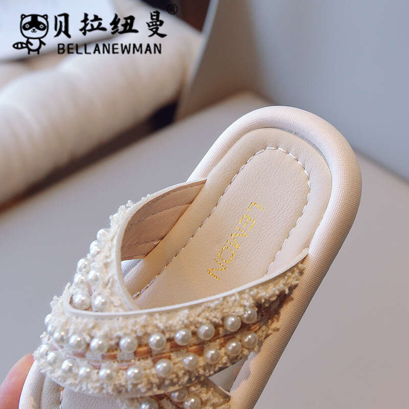 Choice Hot-Selling Children's Fashion 2025 Summer New Girls' Cross Pearl Flat Slippers