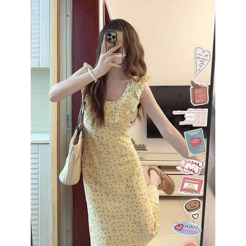 French Sweet Blue Polka Dot For Women Summer New Elegant Waist-Cinching Small Flutter Sleeve Mermaid Long Dress B5
