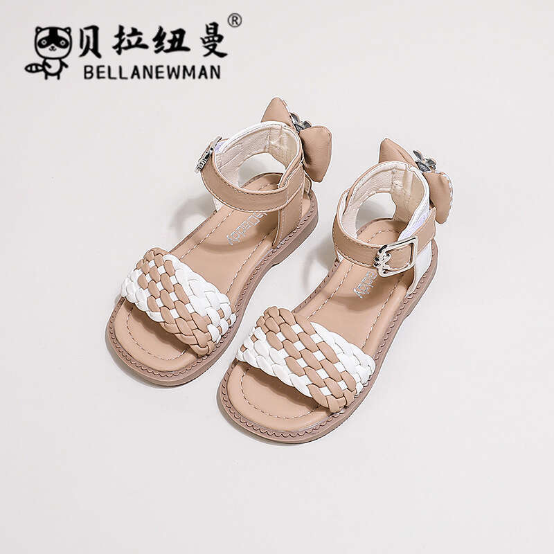 Children's Woven 2024 Summer New Girls' Fashion Bow Soft Sole Princess Roman Sandals