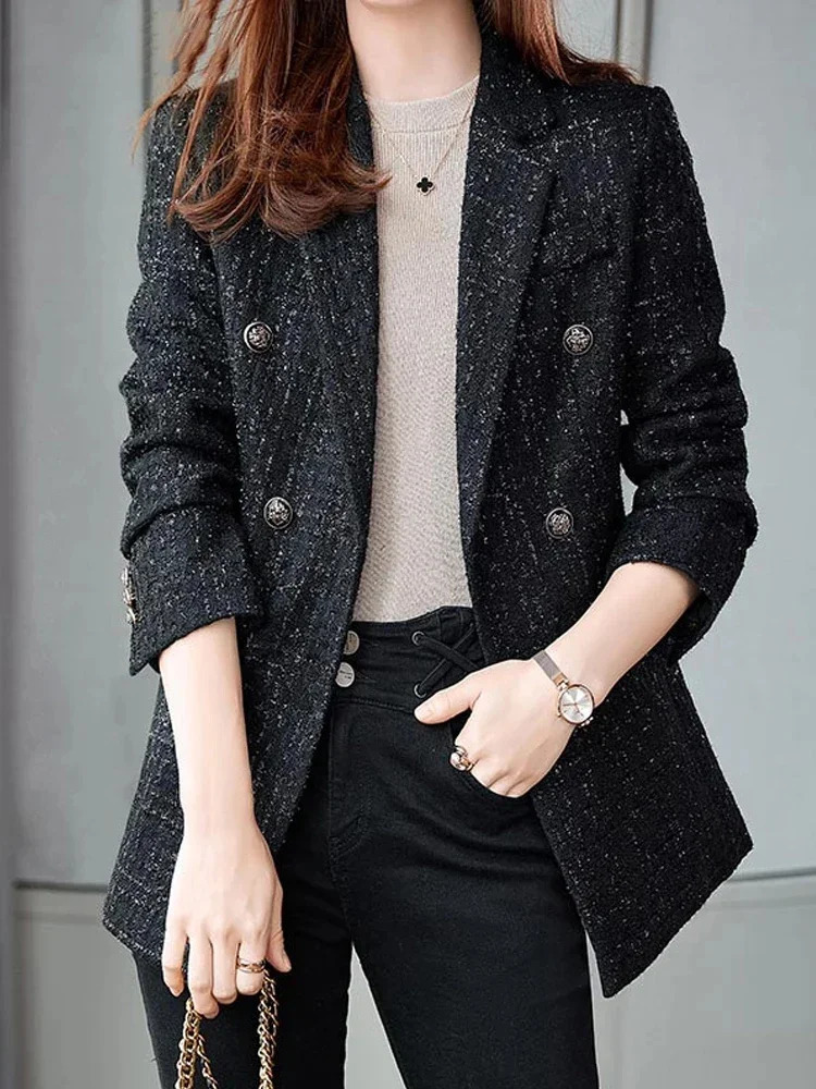 Womens Casual Long-Sleeved Elegant Double Breasted Navy Winter Tweed Blazer Y2K Thick Warm and Long Women Overcoat with Button 250709