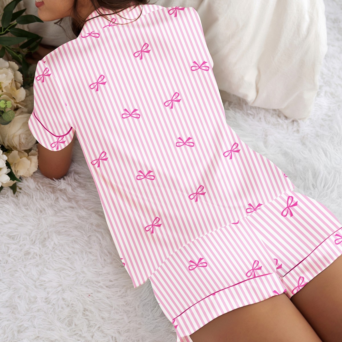 B973-New Women's Home Pajama Set Bowknot Printed Short Sleeve Shorts