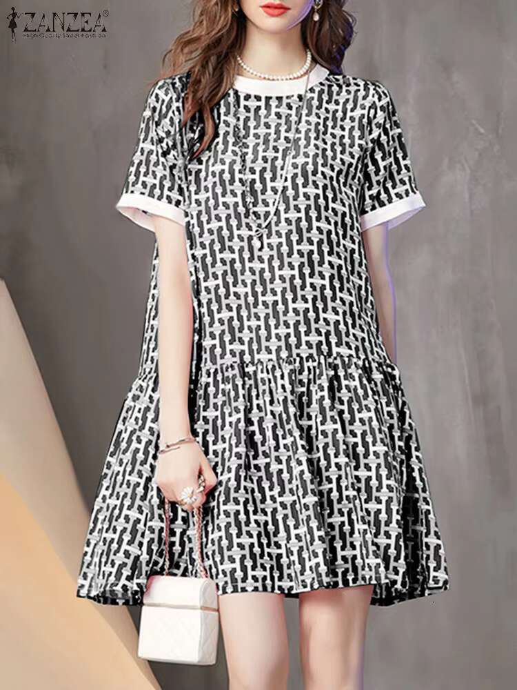 Elegant Short Sleeve Holiday Sundress 2024 ZANZEA Summer Fashion Printed Knee-length Dress Women Robe Femme Party Work Vestido dongdumaoyi