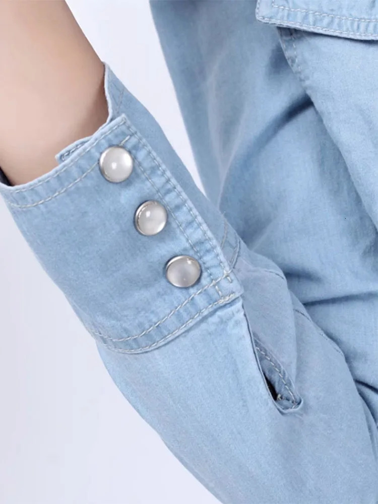 Autumn 2024 Denim Shirts And Blouse For Women Korean Style Long Sleeve Top Blue Or Sky Color Jeans Elegant Blouses 250704