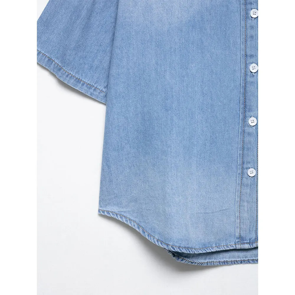 DUOPERI Women 2025 Summer Fashion Denim Blue Blouse Lapel Neck Short Sleeves Female Elegance Chic Lady Casual Shirts 250704