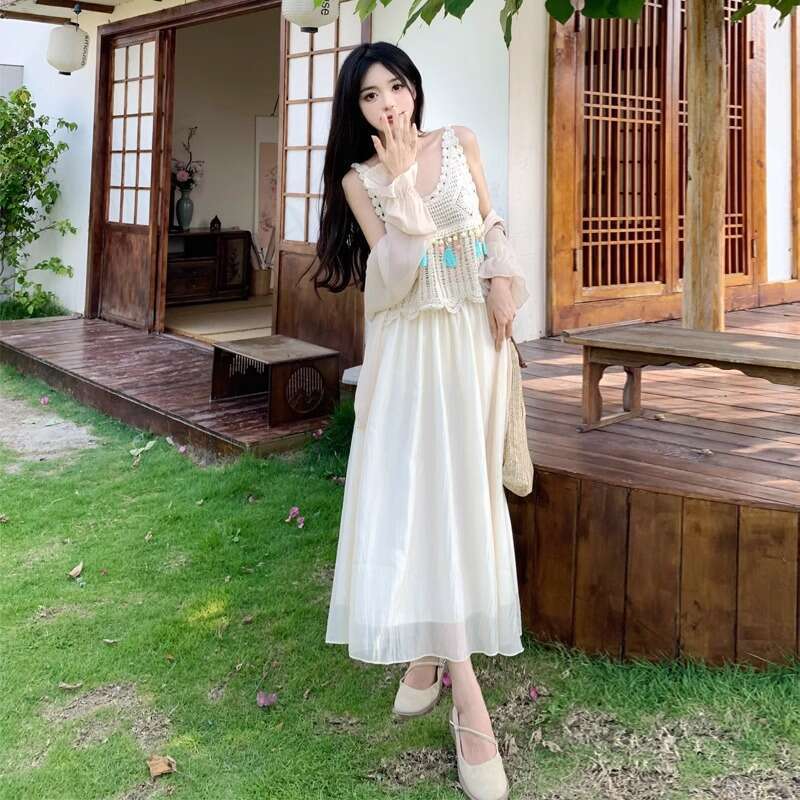 Plus Size Gentle Style Chiffon Half Skirt Slimming Suit For Women Summer Outfit Vest Sun Protection Cardigan Three-Piece Set B5