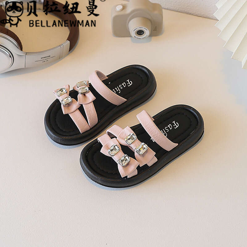 Choice Children's French Style Bowknot One-Strap 2025 Summer New Thick-Soled Rhinestone Sandals for Girls