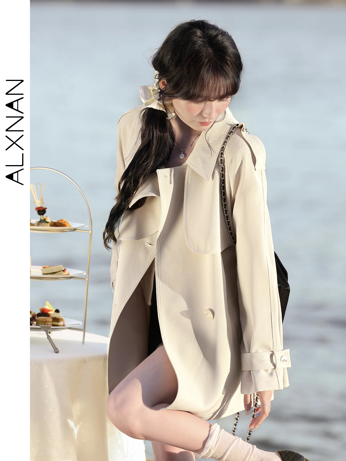 ALXNAN Apricot Womens Trench Coat Spring High-end Windbreaker Polo Collar Solid Versatile Jacket Ladies L52980 250703