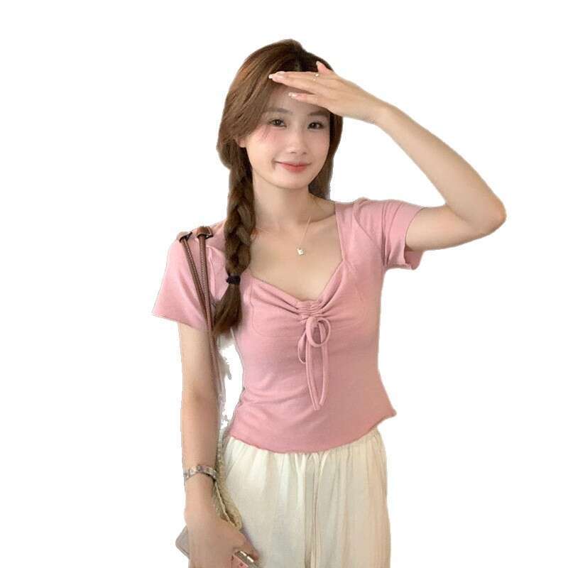 Pure Desire Style Hot Girl Square Neck Regular Shoulder Sleeve T-Shirt For Women With Unique Design Slim Fit Short Top B5