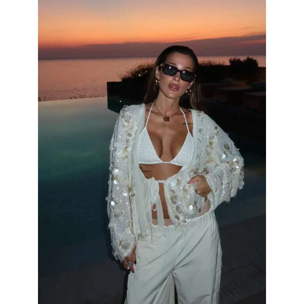 Women Sparkling Beaded Short Loose Jacket Chic Elegant V Neck Long Sleeve Lace Up Cardigan Autumn Female Fashion Streetwear