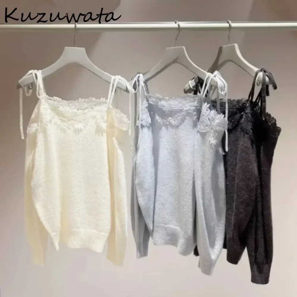 Kuzuwata Sweet Slash Neck Long Sleeve Pullover Knit Laces Patchwork Knitted Japan Embroider Off Shoulder Wool Sweaters 250708