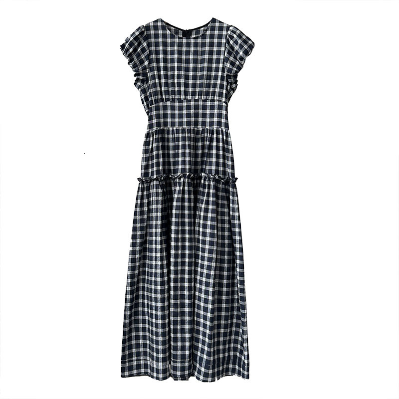2025 New women's dress for summer retro fluffy sleeve plaid dress niche design waist knot long skirt new luxury and relaxed designer dress