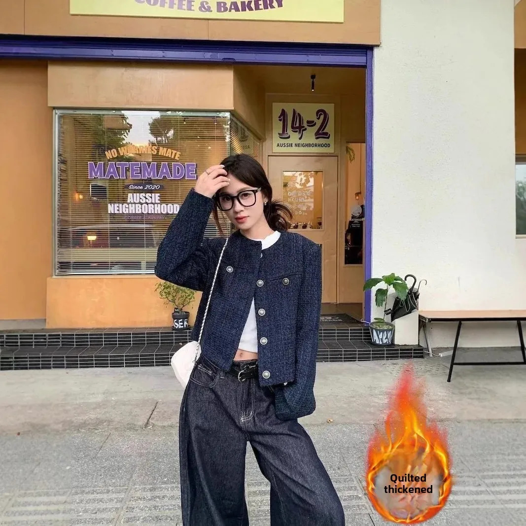 Elegant Vintage Tweed Cropped Jacket Womens Autumn/Winter High-End Slimming Long Sleeve Top Trendy Crew Neck Socialite Style 250708