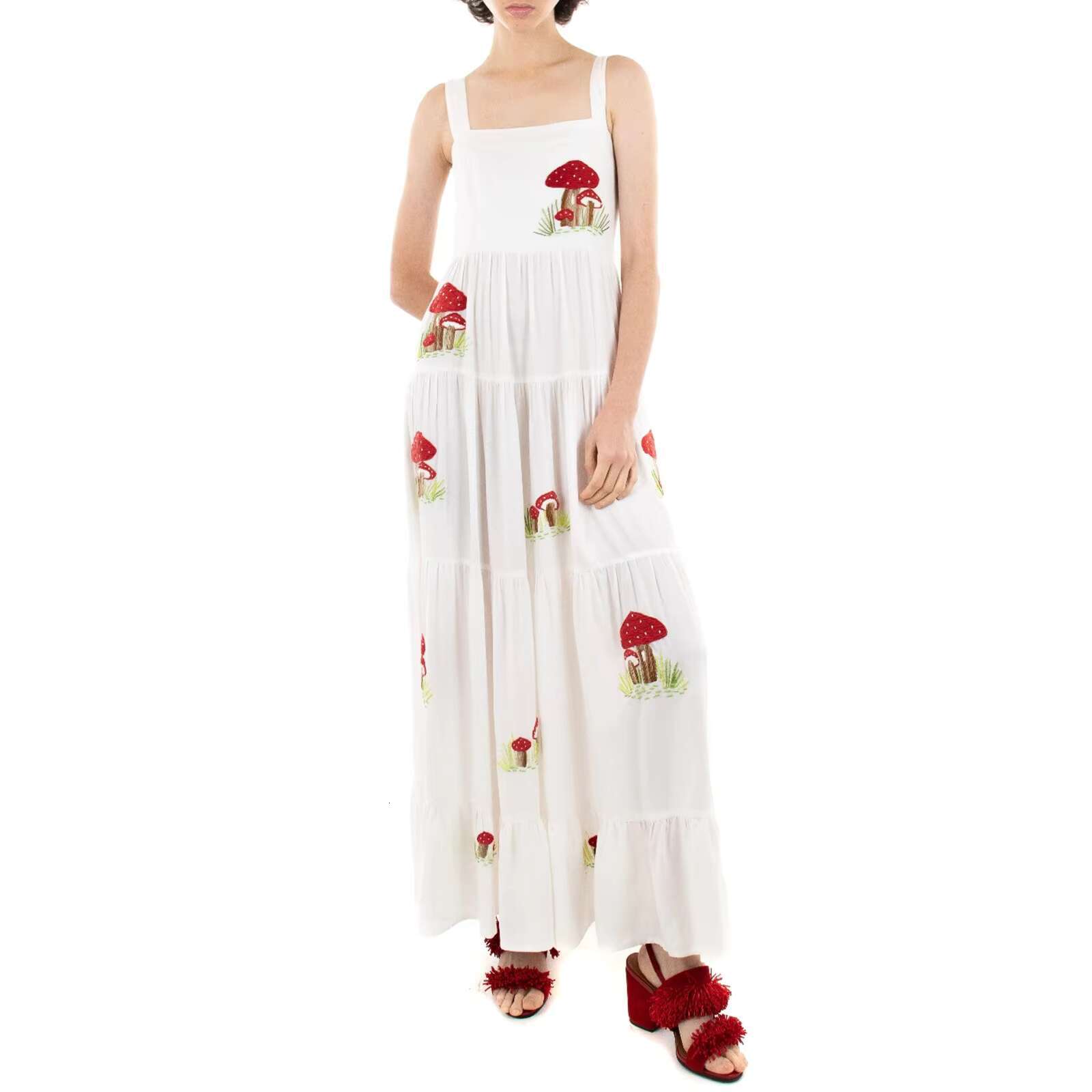 Imcute Women Cute Embroidered Beach Summer Boho Ruffle Long Spaghetti Strap Flowy Maxi Dress dongdumaoyi