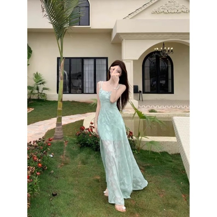 2025 New Women's Dress Summer New French Fresh Sweet Strap Dress Women's Beach Vacation Dress Mid waist Long Dress New Designer Dress