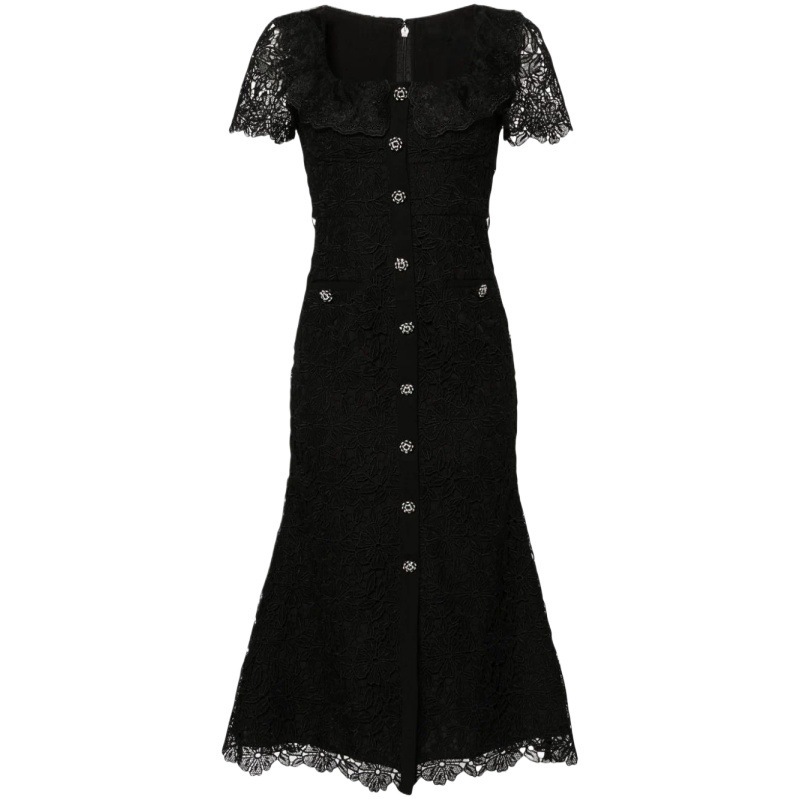 2025 New Women's Dress Summer New Women's Fashion Sexy Collar Heavy Lace Dress High Waist Slimming Short Sleeve Long Dress Blue Black New De