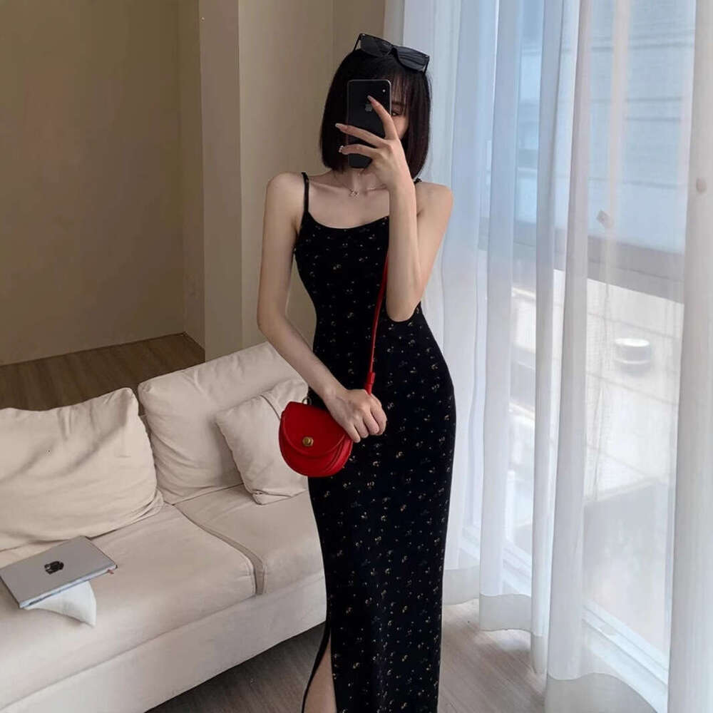 Black Floral Strap For Women Summer French Sweet Spicy Sexy Ruched Slit Bodycon Inner Long Dress B5