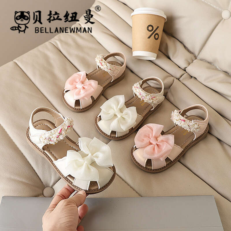 Girls' Mesh Bow Princess Closed-Toe 2025 Summer New Children's Fashion Soft Sole Sandals for Big Kids