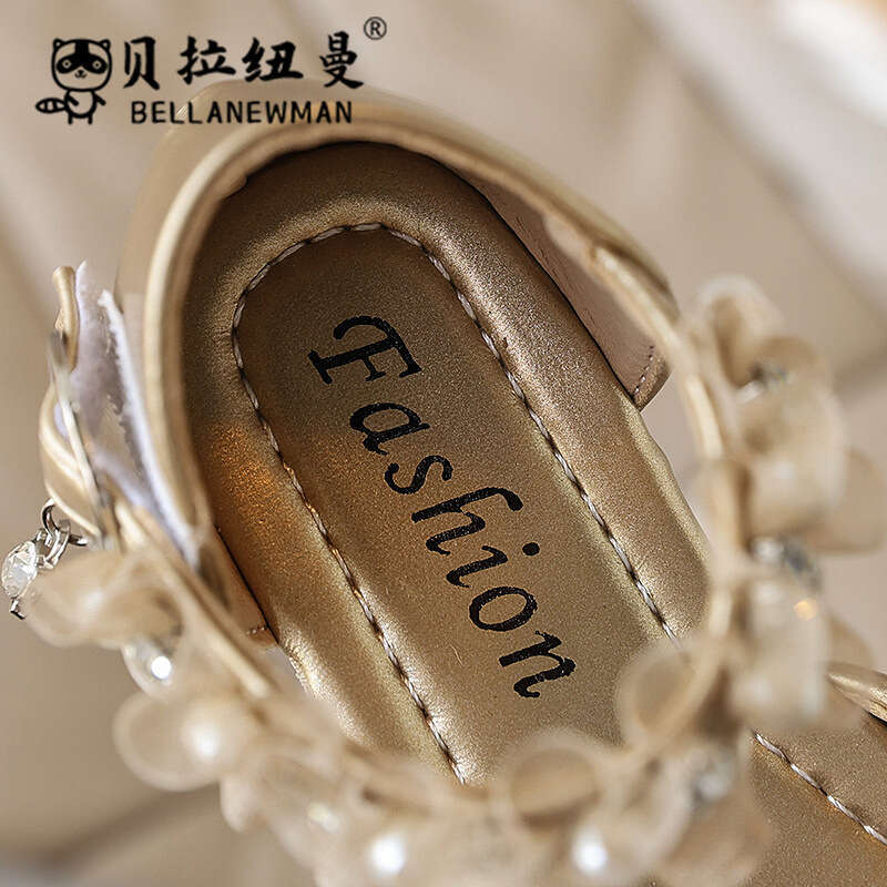 SHEIN Crystal Sequin 2025 Summer New Girls' Pearl Bow Princess Sandals Children's Shoes