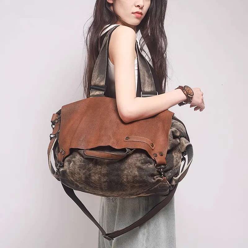 Canvas With Cowhide Leather Women Handbags Shoulder New Large Capacity Portable Tote Commuter Texture Crossbody Bag