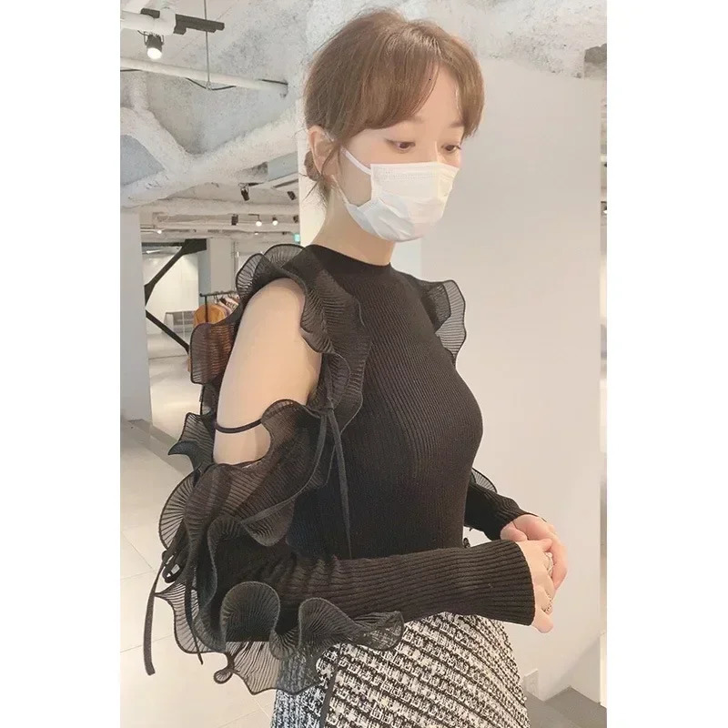 Kuzuwata Sweet Fairy Ruffled Lace Up Off Shoulder Pull Femme Slim Knit Patchwork Sweaters 205 JAPAN Autumn Winer Jumpers 250708