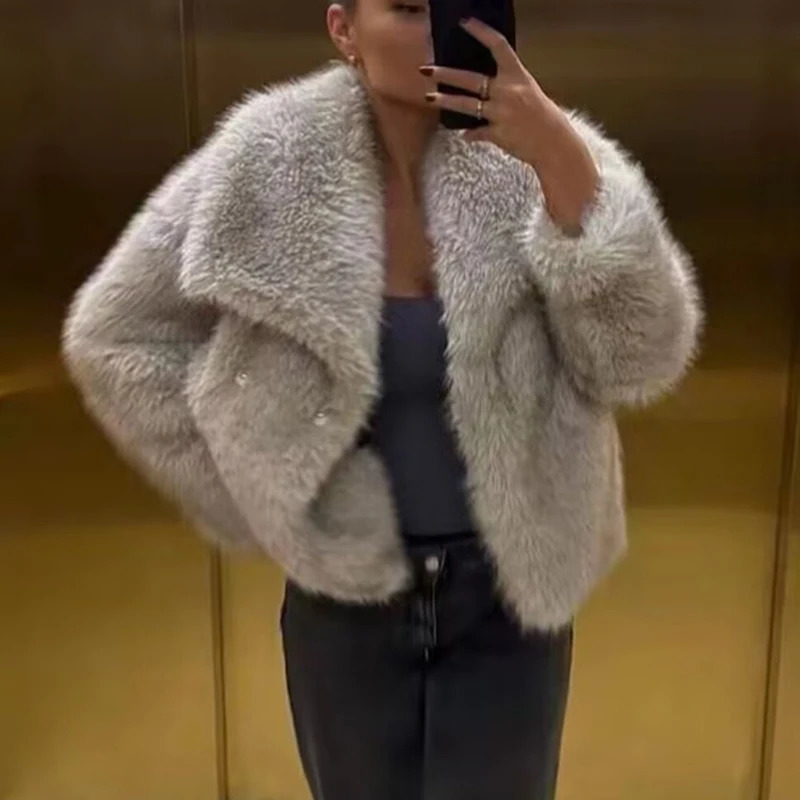 TRAF Winter Faux Fur Coat Woman in coats Autumn Fur Plush Fluffy Jacket Warm Red Gray Black White Fur Coat Outerwears 250708