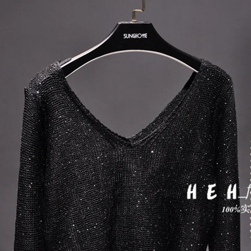Sequined Double V-Neck Slim Fit Slim Knit Sweater Sparkling Sexy Hollow Bottom Long Sleeve Off-the-Shoulder Top 250708