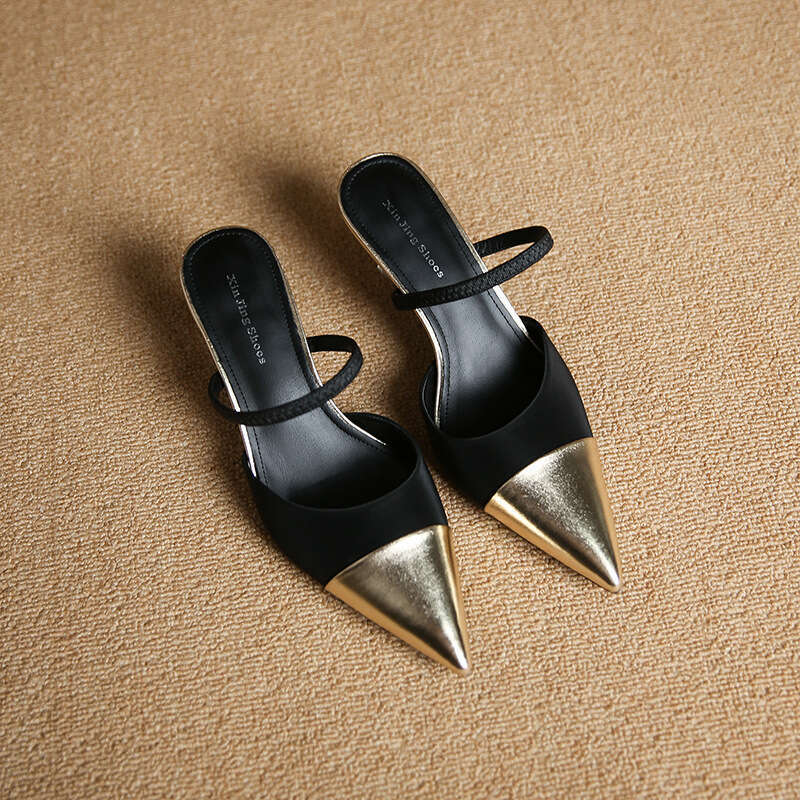 699-70 New Style Small Fragrance Color Block Pointed Toe Half Mules Sandals with Open Back and Closed Toe, Strappy Kitten Heels for Women