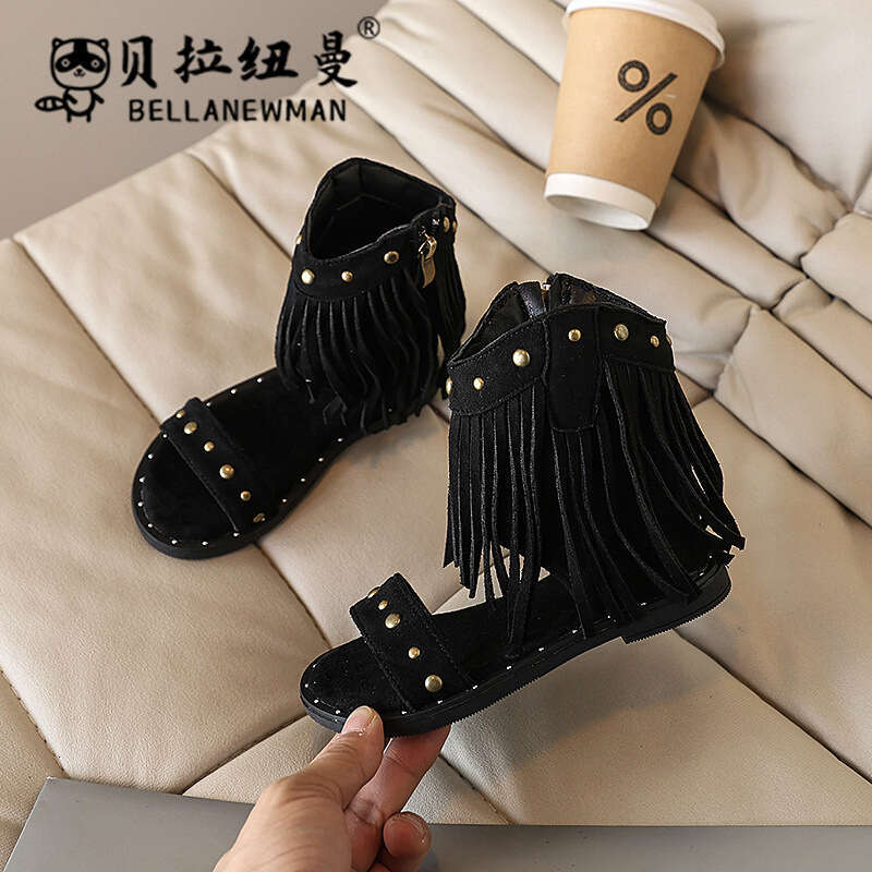 2025 Summer New Girls' Fashion One-Strap Roman Shoes Simian Style Tassel Children's Sandals