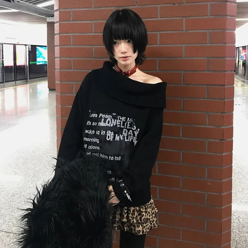 Karrram Japanese Y2k Off Shoulder Sweater Grunge Aesthetics Slash Neck Knitted Pullovers 2000s Vintage Korean Black Knitwear 250708