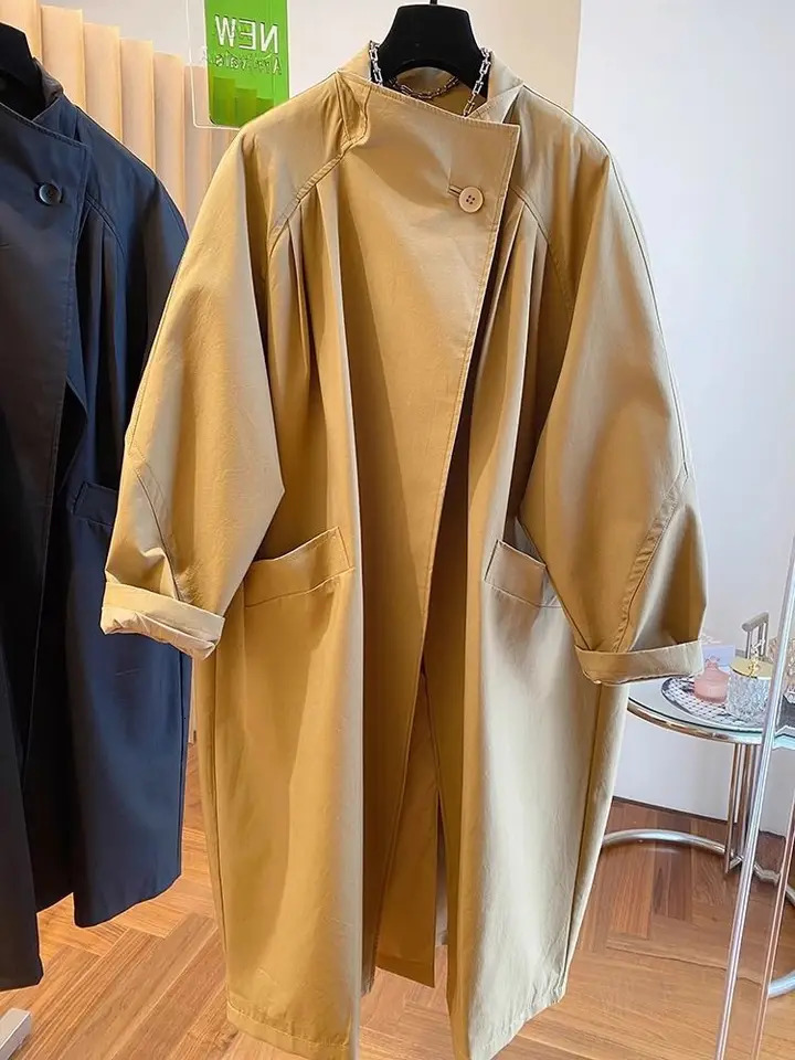 High End Stand Up Collar Outwear 2025 Spring Plus Size Womens Casual Loose Mid Long Windbreaker Lining Jacket Khaki Black Top 250708