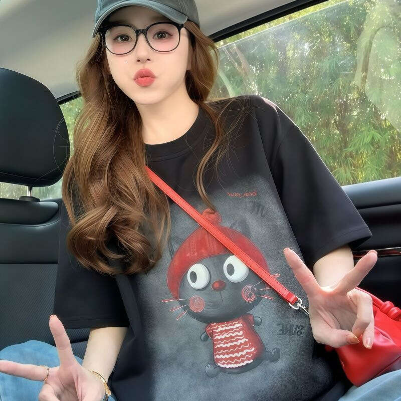 100% Cotton Cartoon Cat Print Round Neck Short Sleeve T-Shirt For Women Summer New Loose Casual Versatile Youthful Top Trendy B5