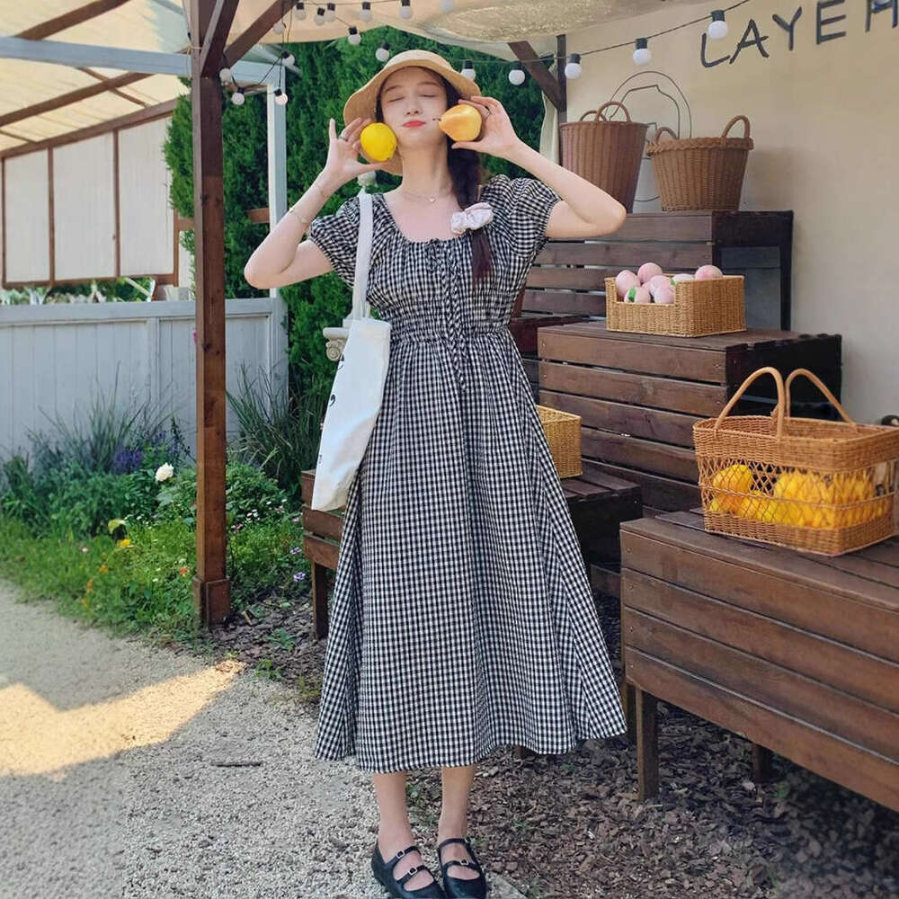 French Style Black Puff Sleeve Plaid For Women Summer New Small Petite Elegant Slimming Long Dress B5