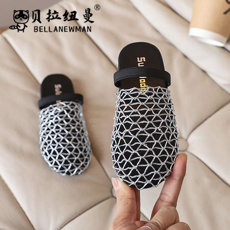 Niche Fishnet Woven Hollow Toe Half Slippers 2025 Summer New Girls Flat Outdoor Sandals