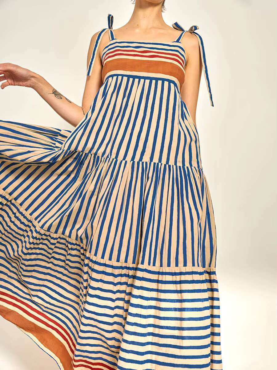 Womens Maxi Summer Casual Sleeveless Open Back Low Cut Flowy Stripe Shrimp Print Dresses 90s Vintage Long Cami Dress dongdumaoyi