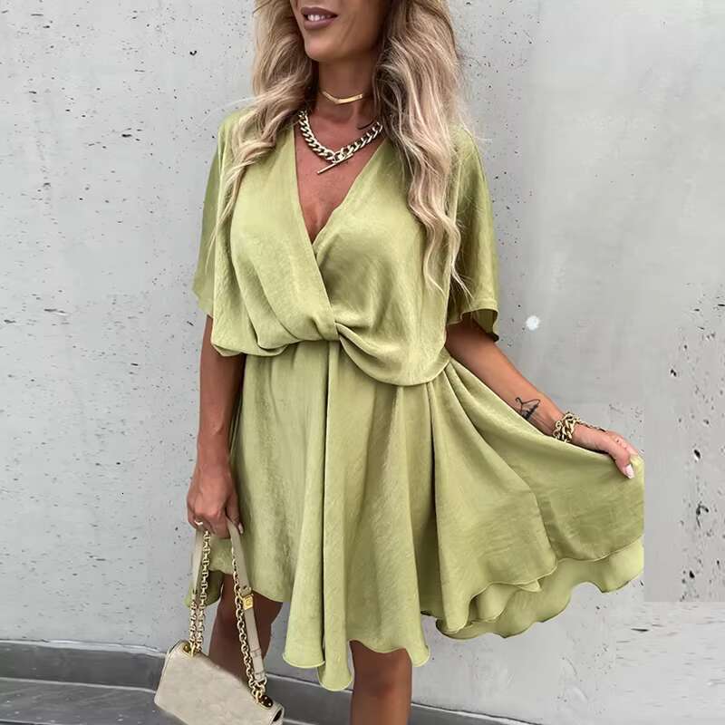 Sexy V Neck Dresses For Elegant Short Sleeve Solid A-line Loose Mini Women Casual Beach Party Dress Boho 2022 dongdumaoyi