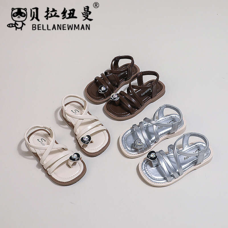 Bella Newman Girls' Toe Ring 2024 Summer New Children's Rhinestone Fashion Princess Sandals Beach Shoes