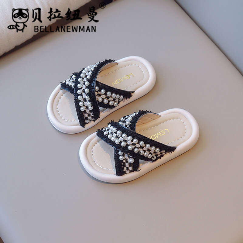 Choice Hot-Selling Children's Fashion 2025 Summer New Girls' Cross Pearl Flat Slippers