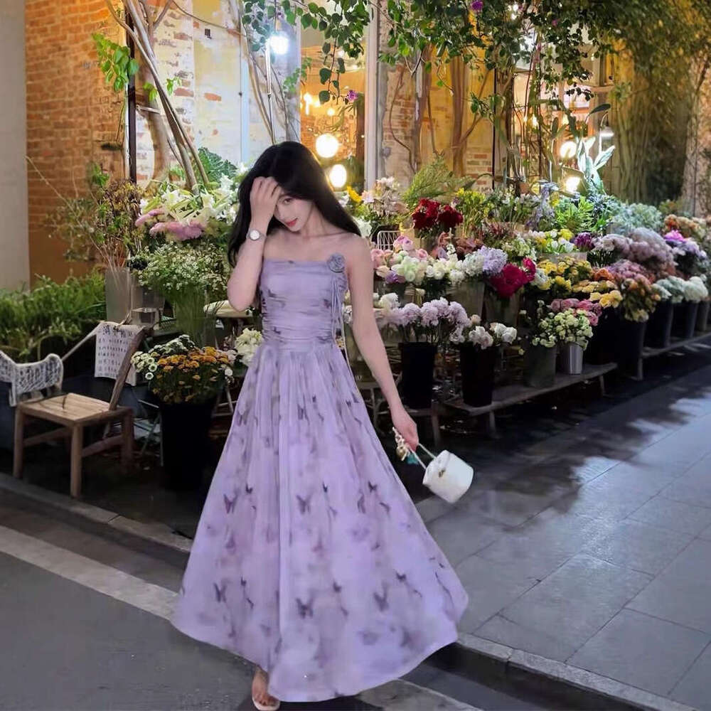 French Floral Butterfly Strap For Women Summer New Elegant Waist-Slimming Fairy Dress B5