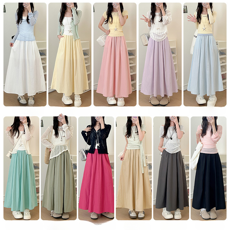 2025 New women's skirt, new summer high waisted A-line slim fit pleated umbrella pleated long skirt, new solid color minimalist style designer sk