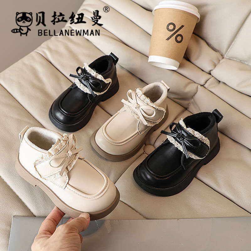Girls' Bow Lace Leather Short 2024 Winter New Children's Double Cotton Princess Shoes Fashion Boots