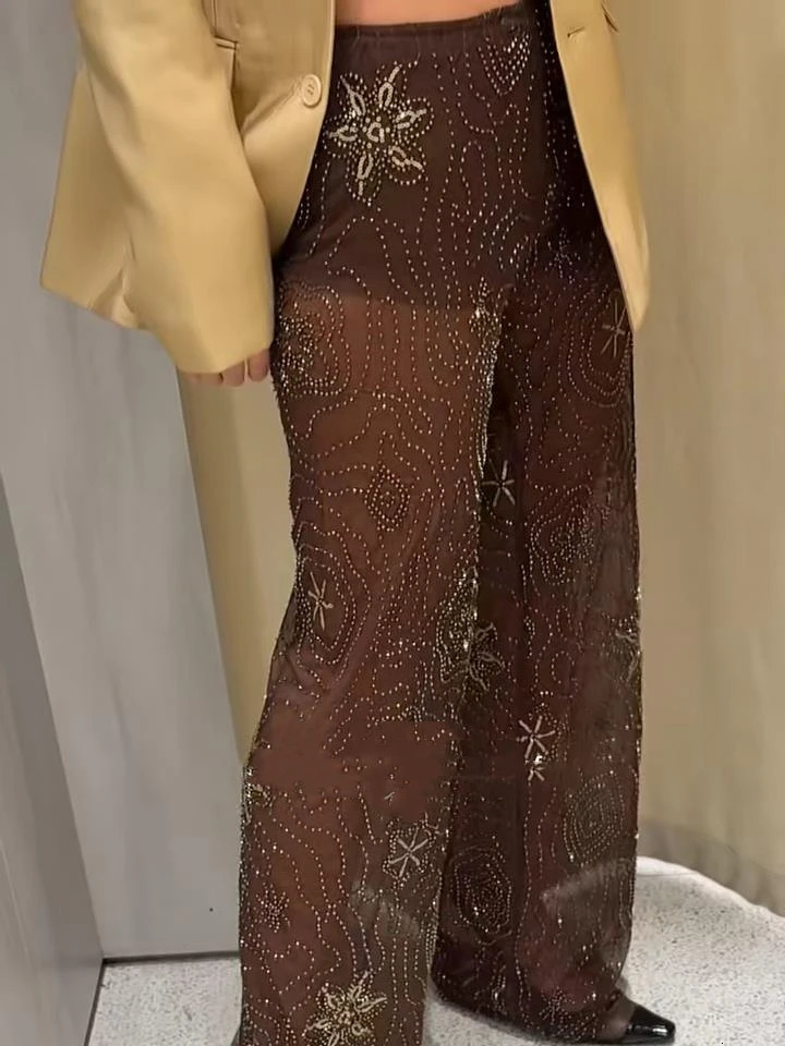Sexy Beading Brown Women Pants Street See Through Elastic Waist Wide Leg Party Trousers Fashion Lady Loose Shinny Trousers 250710