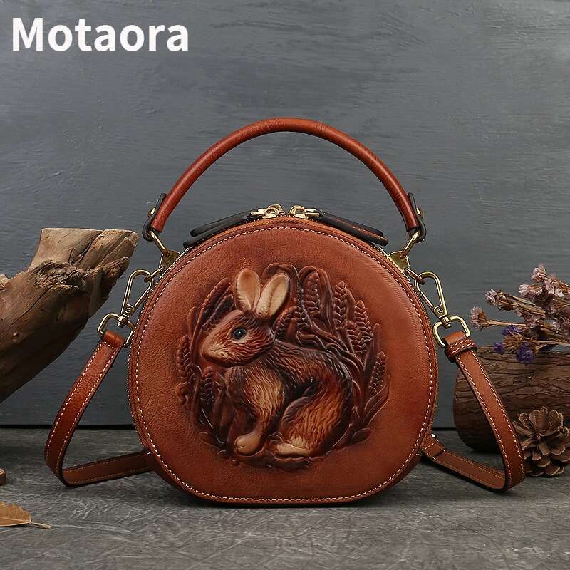 New Retro Round Women's Genuine Leather Handbags For Ladies Designer Rabbit Emed Shoulder Messenger Bags