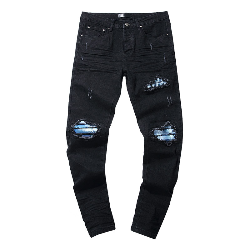 Men's Jeans Mens Black Streetwear Distressed Skinny High Stretch Tie Dye Blue Bandana Patchwork Destroyed Slim Fit