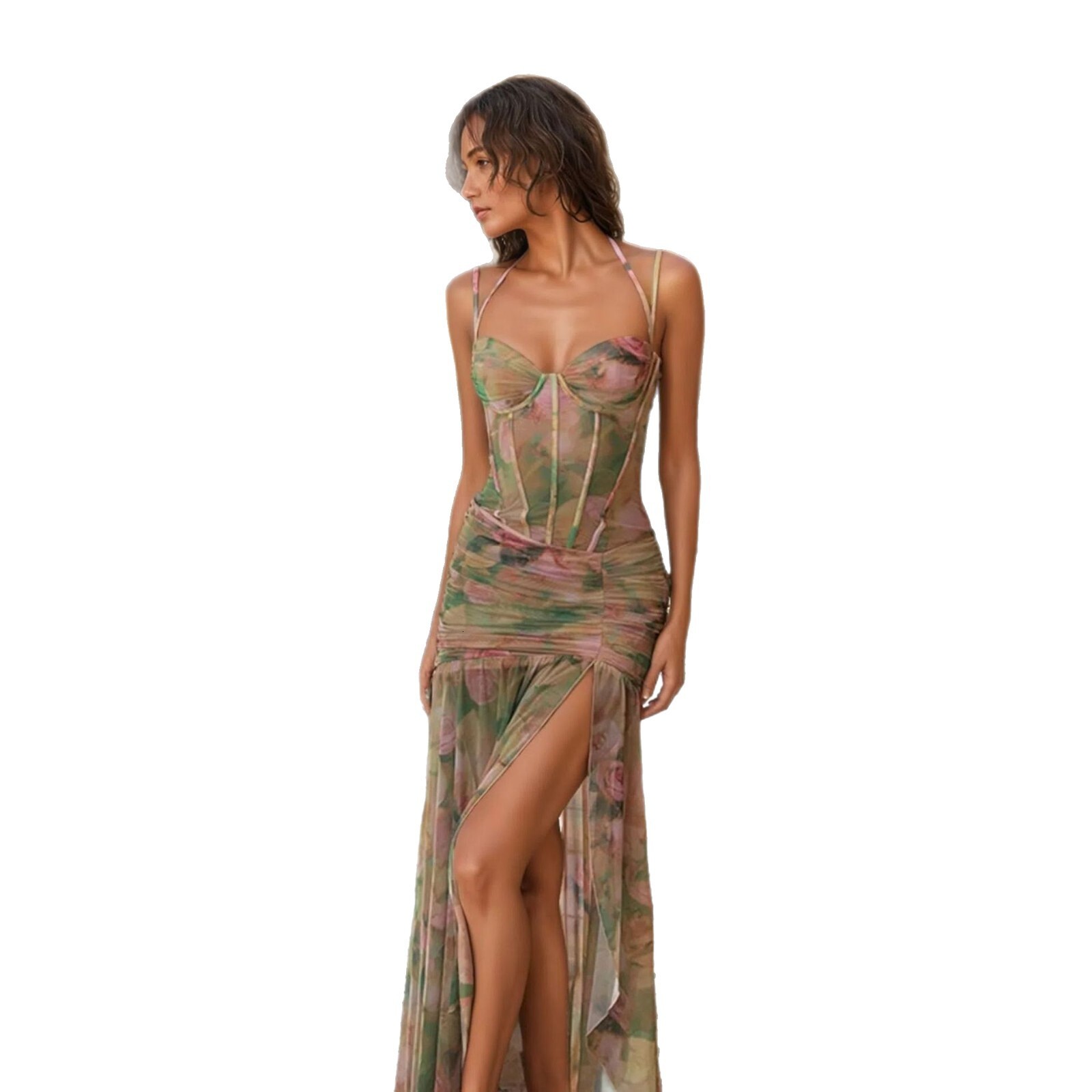 2025 New women's dress summer new sexy lace up print vacation beach high waist slim fit suspender dress new pleated women's dress new slit d